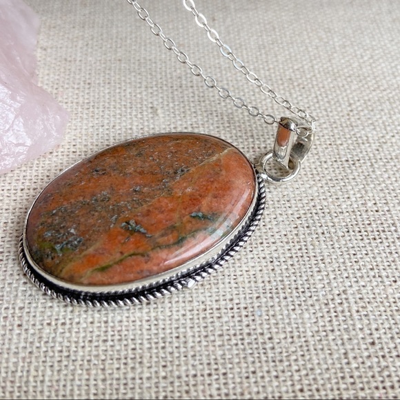 Huge Unakite oval silver Victorian pendant necklace - Picture 3 of 5
